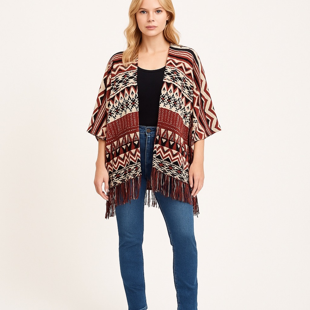 SOUTHWESTERN Ruana poncho Boho fringe 100% cotton cardigan shale one size shrug